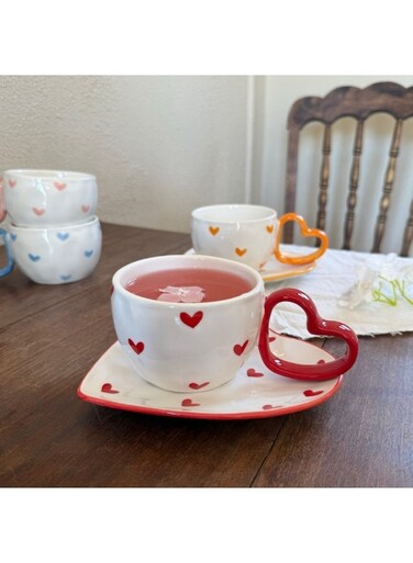 Minimalist Red Heart Patterned Handmade Natural Ceramic Heart Cup / Mug - Tea u0026 Coffee Cup