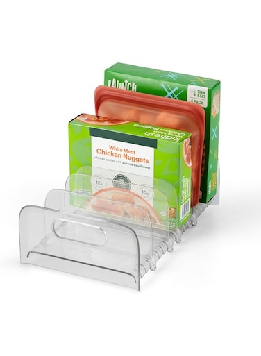FreezeUp Freezer Rack 12" BPA-Free Fridge Organizer with Adjustable Dividers and Handles for Frozen Food Box and Meal Storage, Clear
