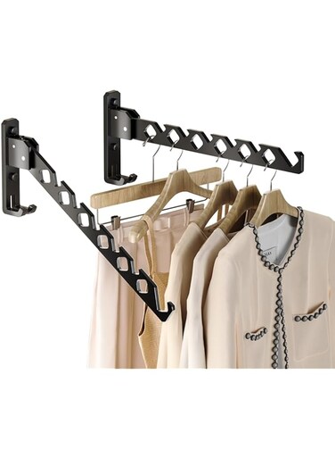 FOINN 2Pack Wall Mount Coat Hanger Holder White Clothes Drying Organizer Rack Garment Hooks Aluminium Retractable Folding Indoor Wall Mounted Hanger for Laundry Room Bedroom with 80cm Rod (Black)