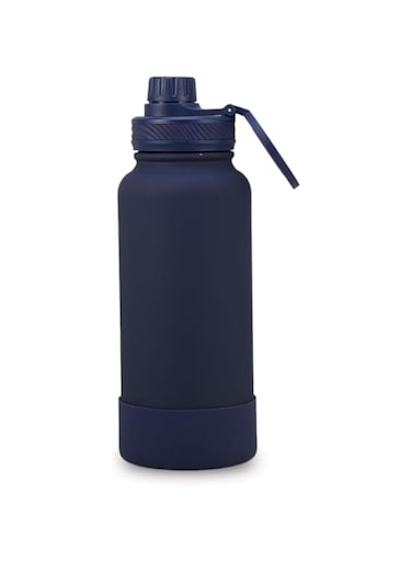 Insulated Water Bottle with magnetic phone holder,Double Wall Stainless steel water bottle 1L,Hot Cold Thermos Bottle with width mouth,Vacuum Water Bottle for Kids School,Sport (Marine Blue)