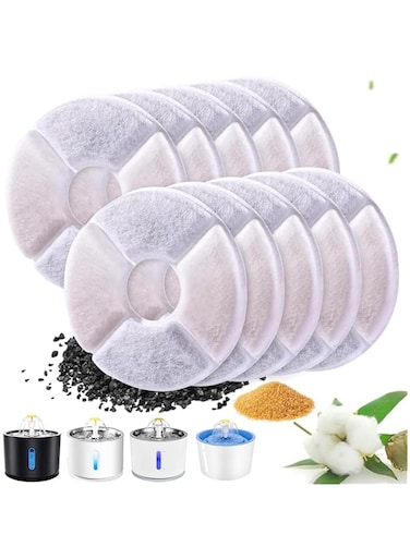 NAWOKEENY 10 Pack Cat Water Fountain Filters, Replacement Pet Water Fountain Filters for Parner 2.4 L Water Dispense, Cotton Activated Carbon and Resine with Triple Filtration System for Dogs Cat