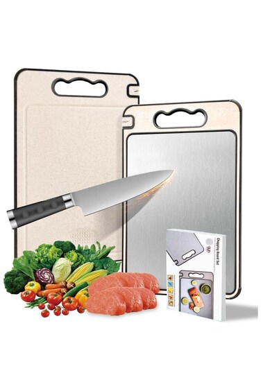 Cutting Board with Built-in Knife Sharpener  Wheat Straw &amp; Stainless Steel 304  Double-Sided Cutting Board Non-Slip Kitchen Chopping Board with Handles for Meat, Bread, Cheese, Vegetables, Chicken &amp; BBQ