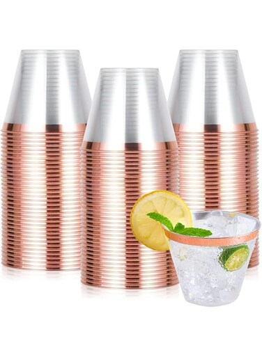Silk Route - Disposable Plastic Cups, 50 Pcs Elegant Rose Gold Rimmed Plastic Cups 9oz Clear Plastic Cups, Gold Disposable Cups Cocktail Cups Plastic, Clear Plastic Cups for Wedding Party Birthday
