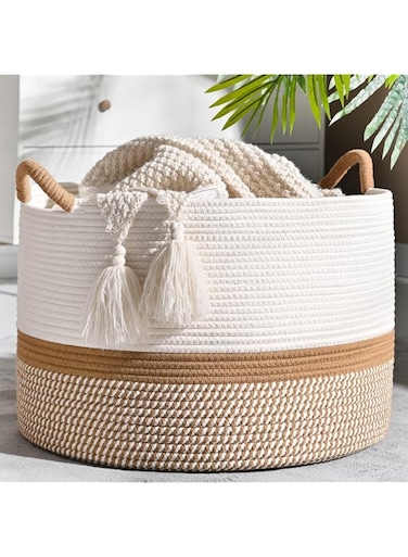 THE WHITE SHOP Large Blanket Basket,Woven Baskets for storage Laundry Hamper, Cotton Rope Blanket Basket for Living Room, Laundry, Nursery, Pillows,Toy chest