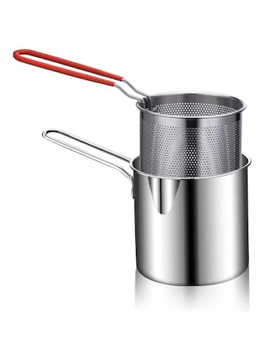 Bewinner Small Deep Fryer Pot with Basket, Mini Deep Oil Fryer, 304 Stainless Steel Gadgets with Anti Scalding Silicone Handle, Fryer Pot for Home Tempura Chips Fries Fish Chicken