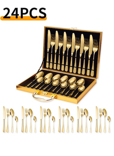 Gold Stainless Steel Cutlery Set - Food-Grade Steel with PVD Gold Plating, Mirror Polished &amp; Dishwasher Safe - Luxury Dining Utensils for 6 People (Knives, Forks, Spoons) for Weddings, Holidays