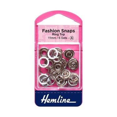 Hemline 11mm Ring Top Snaps - White, 6 Sets for Sewing, Crafts, and Mending (445.WH)