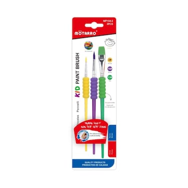 MOTARRO Kids Paint Brush Set (MP154-2) - 3pc Soft Non-Slip Grip (Round #2, #10, Flat #12) - Assorted Colors - For Watercolor, Acrylic, Gouache &amp; Oil