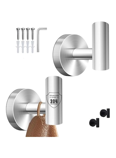 2 Silver Stainless Steel Towel Hooks for Bathroom - Easy Wall Mount, Strong Holders for Kitchen, Bedroom, Hotel, Pool, and Coats
