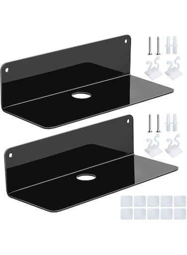 WeeGoo 2 Set Acrylic Small Black Floating Shelf Self Adhesive, 9 Inch No Drill Shelves for Wall, Stick on Shelf Easily Expand Wall Space, Acrylic Shelves with Cable Clips and Stickers