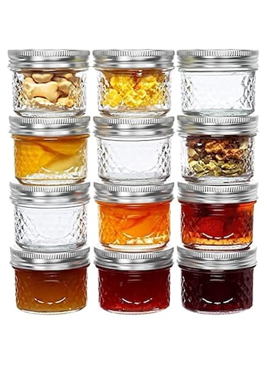 KASTWAVE 4 Oz Mason Jars Glass Mini Canning Jelly Jars with Airtight Regular Mouth Lids &amp; Band, Quilted Crystal Jars for Jams, Spice, Food Storage, Wedding/Shower Favors, Preserves, Drinking-12 Pack