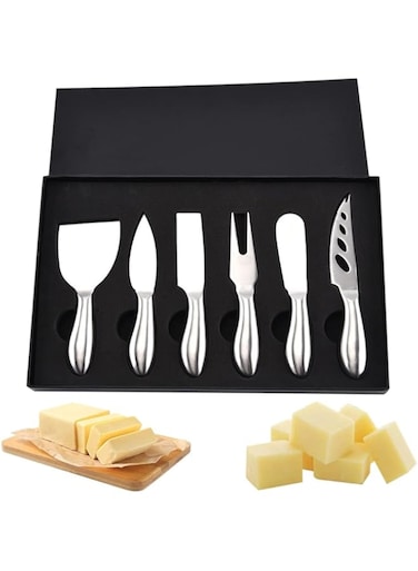 KOWVOWZ 6 Piece Cheese Knife Set, Non-Stick Coated Cheese Knife Set, Stainless Steel Cheese Knives Cheese Fork Cheese Slicer Gifts for Cheese Lovers Anniversary Party