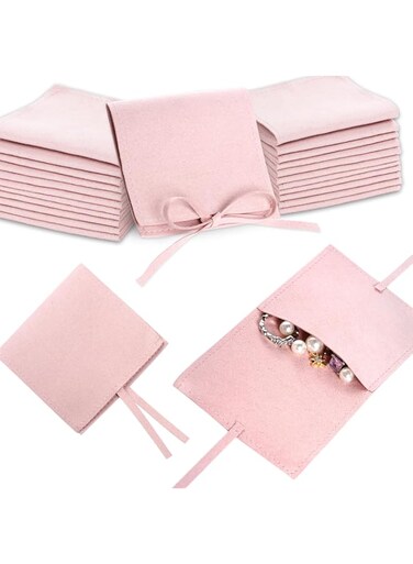 Oasisgalore 20pcs Microfiber Jewelry Pouch, 8x8cm Microfiber Jewelry Bags Bulk,Jewelry Packaging Bags,Small Jewelry Gift Bag with Bow Tie Envelope Style with Strings (Pink)