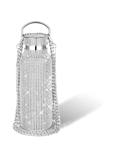 Geiserailie Diamond Water Bottle Bling Rhinestone Stainless Steel Thermal Bottle Refillable Water Bottle Insulated Water Bottle Glitter Water Bottle with Chain for Women Girls Gifts (Silver, 750 ml)