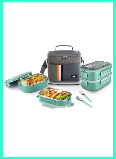 Creation YAH Premium Stainless Steel Bento Lunch Box with Lunch Bag, 2-Layer Leakproof Food Container (1.65L) with Stainless Steel Cutlery &amp; Insulated Thermal Bag, Durable &amp; Stylish for Work &amp; School. Light Green