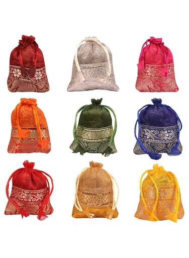 Touchstone Drawstring Bags Traditional Indian Handcrafted in Elephant Pattern Brocade fabric. Perfect for Gifts Jewelry Weddings Sweet Distribution Set of 9 Vibrant Multicolor Pouches Purses Potli