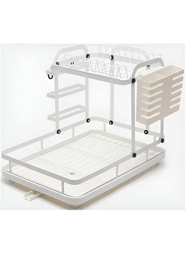 VIO&reg; Space Saving Dish Drying Rack Stainless Steel Tiered Dish Rack with Drain Board Large Capacity Kitchen Dish Drainer Organizer with Utensil Holder 2 Level White