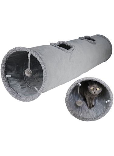 Terunat Cat Tunnel for Indoor Cats, 51&times;12 inch Foldable Big Cat Tunnel, Grey Suede Pet Tunnels with Two Peepholes and a Bubble Ball