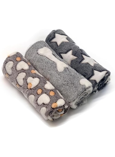 Langtaojin 3 Pack Puppy Blankets Super Soft Warm Sleep Mat Grey Cute Print Fluffy Fleece Pet Flannel Throw Dog Blankets for Small Dogs Cats,Star&amp;Bone&amp;Love-Medium(29"x20")