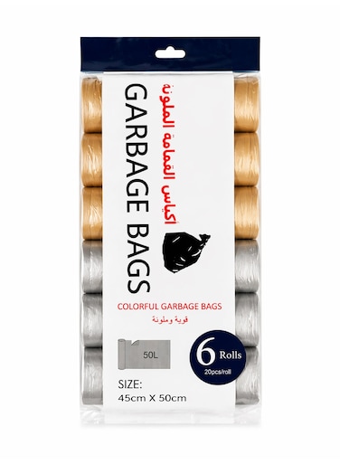 Trash Bags Garbage Bags - 6 Rolls Thickened Disposable Garbage Bag 50L Each - 20 Pieces Per Roll Bin Liners, Perfect for Home, Office, School, Hospital, Hotels and Other Places, Metallic Yellow and Grey 45x50cm