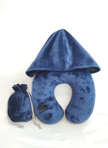 Inflatable Hoodie Travel Neck Pillow Adjustable Comfort, Lightweight for Airplane Flight, Soft Luxury Texture Velvet Hood Keeps Warm, Manual Press Pump Inflation and Auto-Deflation, Machine Washable (Navy Blue)
