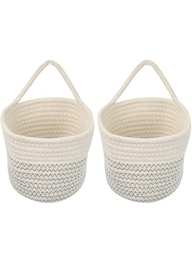 Hanging Cotton Rope Baskets, 2 Pcs 15 x 15 cm Small Woven Storage Basket, Bike Hang Bag with Handle, Fabric Planter, Home D&eacute;cor for Flower Plants, Organizer for Keys, Wallets, Sunglasses, White