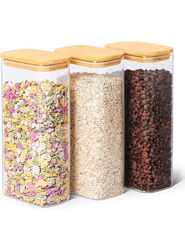 63oz Rectangle Glass Storage Containers with Lids, Glass Jars with Bamboo Lids, Clear Food Storage Jar, Square Glass Canister Set of 3, Pantry Organizers and Storage for Flour Pasta Coffee Bean