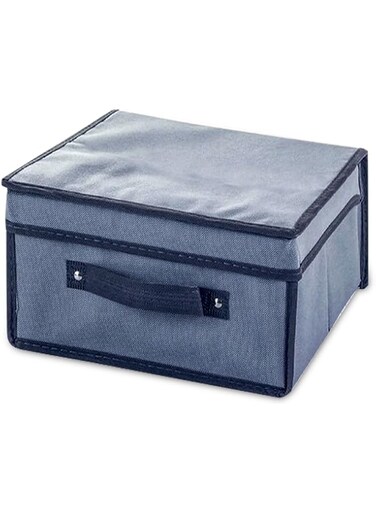Storage Box with Lid and Handle, Fabric Cardboard Construction, Beige with Brown Trim, Decorative Office Organiser (Gray)