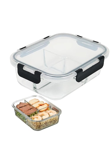 Tycom Glass Meal Prep Containers (1 pcs Rectangle) - Glass Food Storage Containers with Lids, Glass Lunch Box, Portion Control, Airtight, Glass Bento Box Lunch Containers- 3 Compartments Black