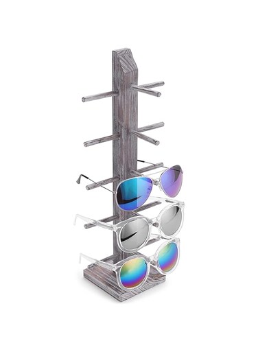 BPA 5-Pair Whitewashed Barnwood Sunglasses Display Stand, Tabletop Retail Eyewear Storage Jewelry Rack
