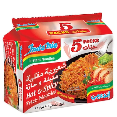 إندومي حارة ومتبلة مع مسحوق التوابل والصلصة ونودلز مقلية سريعة التحضير، 80 غرام حزمة من 5