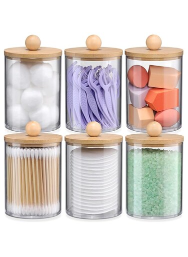 VITEVER 6-Pack Bamboo Qtip Holders - Bathroom Storage for Cotton Balls, Swabs, Pads, Floss