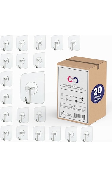 Brandsfinity 20pcs Adhesive Wall Hooks for Hanging, Heavy Duty Sticky Hooks for Wall, No Drill Transparent Self Adhesive Hooks, Holds 2.5kg