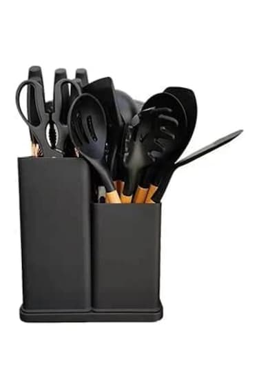 19pcs black silicone spatula set with holder&mdash;heat-resistant, BPA-free, safe for nonstick cookware.