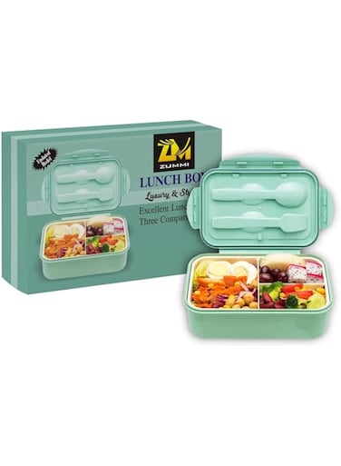 Zummi Adults Bento box Insulated Kids Lunch box 1400 ml Leak Proof Sustainable Food Container Multi compartments microwave dishwasher safe BPA Free Snack Carrier With Reuseable Spoon and Folk(Green)