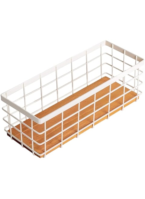 TIEYIPIN Small Metal Wire Storage Basket, Detachable Wood Base Storage Organizer Bin Basket for Kitchen Cabinets, Bathroom, Pantry, Garage, Laundry Room - Cream White
