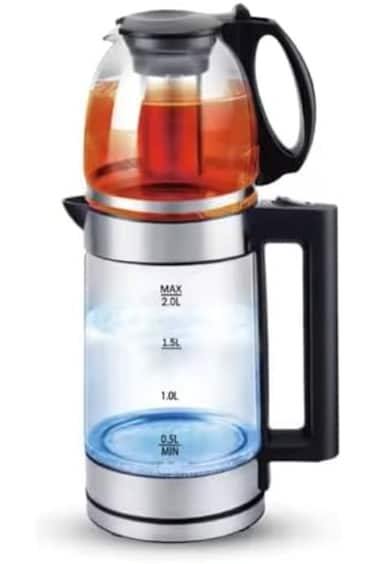 2-in-1 Electric Kettle 1500W with 2.0L Glass Kettle + 1L Teapot with Tea Strainer