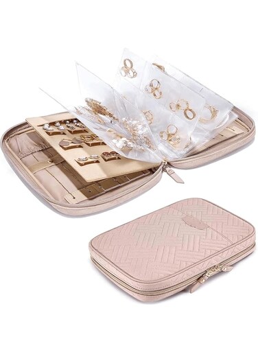 Jewelry Travel Organizer Case, Transparent Jewelry Storage Book with Zipper Pouch, Ring Binder for Necklaces, Earrings, Rings, and Bracelets (Pink)