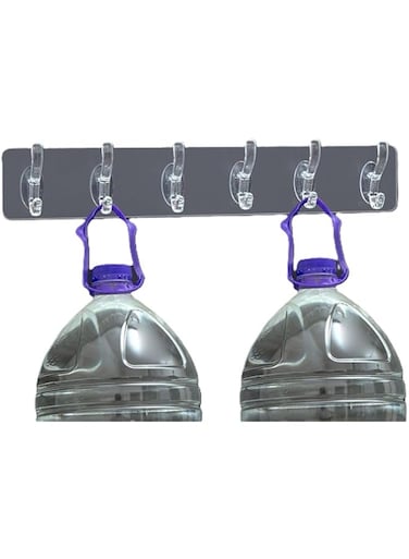 Clear Acrylic Wall Mounted Hook Rack, 6 Hooks, Transparent Bathroom Organiser, Pack of 3