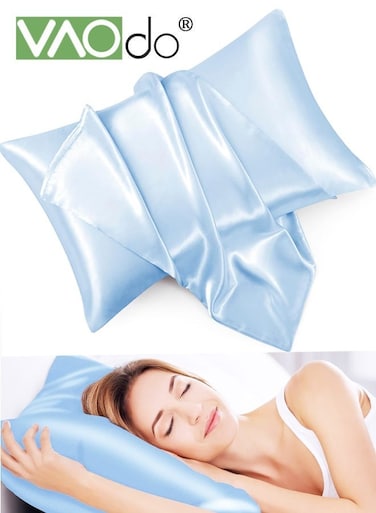 2PCS Satin Pillowcases with Envelope Closure, Cooling Satin, Comfy Pillow Protectors, Cozy &amp; Wrinkle Free, Hair and Skin and Stay Comfortable and Breathable During Sleep, Silk Pillow Cover Light Blue 51*102CM
