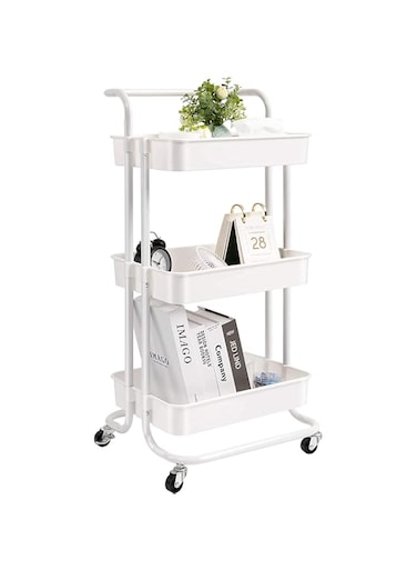3-Tier Rolling Utility Carts Trolley Storage Cart with Handle Multifunctional Organization Cart with Brake Caster Wheels Kitchen Shelf Multifunctional Storage Rack with Net Basket Mass (White)