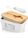 U-HOOME Butter Dish with Bamboo Lid and Butter Knife, Ceramic Butter Keeper Airtight Butter Container with Cover Perfect for 2 Sticks of Butter East West Coast Butter (White)