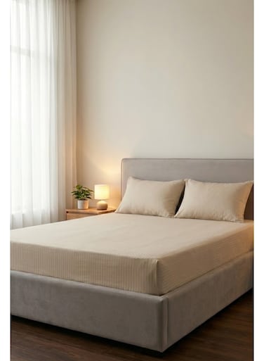 Cotton 3-Piece Microfiber King Fitted Sheet Set &acirc;&euro;&ldquo; Cream Striped 180 x 200 cm with Full Elastic &amp; 2 Pillowcases