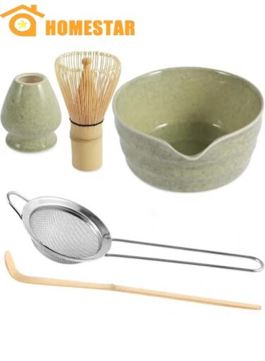 Matcha Set, 4 Pieces Includes Matcha Bowl with Spout, Matcha Whisk Holder, Bamboo Matcha Whisk and Sifter Scoop, 17 oz Mottled Tea Green Glaze Ceramic Matcha Kit for Tea Lovers