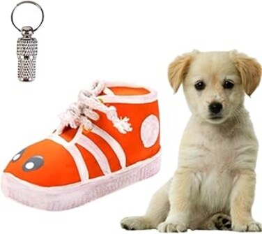 PETSARY Dog Latex Shoe Toy with 1 Pcs Pet ID Gift - Bite Resistant Teeth Cleaning Toy - Safe &amp; Durable Creative Chew Shoes Shape Squeaky Toy - Funny Slippers Sound Toy for Small &amp; Medium Pets - Orange