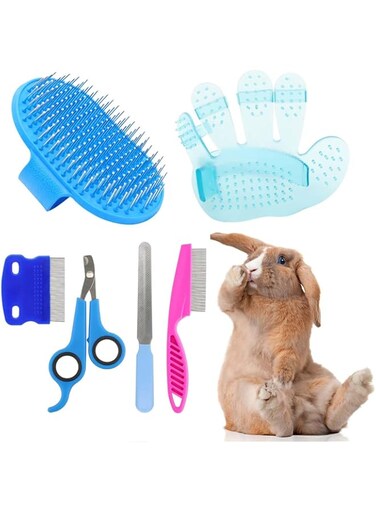 SUSOO 6 Pcs Rabbit Grooming Kit for Small Animous,Portable Bunny Stuff Accessories with Bunny Brush,Nail Clipper Set,Pet Hair Remover, Massage Glove,Combs and Slicker Brush,Funny Indoor Rabbits Toys