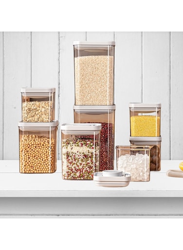 Food Storage Containers One Button Press Opening Pop Design Airtight Leak Proof Stackable Easy Lock Set of 3 Transparent With Grey Lid For Dry and Wet Ingredients (2280 ml)