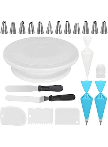 KINGCCI Cake Decorating Kits Supplies with Cake Turntable, 12 Numbered Cake Decorating Tips, 2 Icing Spatula, 3 Icing Smoother, 2 Silicone Piping Bag, 50 Disposable Pastry Bags and 1 Coupler