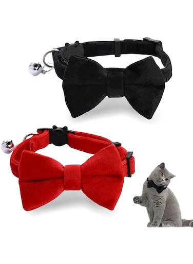 Sliverdew 2 Pcs Velvet Cat Collar with Bell and Bowtie, Adjustable Breakaway Cat Collars Kitten Small Puppy Safety Bow Tie Solid Wedding Basic Color Cat Bow Tie Collar