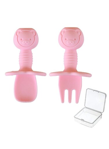 Baby Spoon &amp; Fork Set Silicone Self Feeding Utensil Easy Grip Toddler Anti-Choke First First Led Training Weaning with Carry Case for Infant Toddler Children 6-12 Month(Pink)